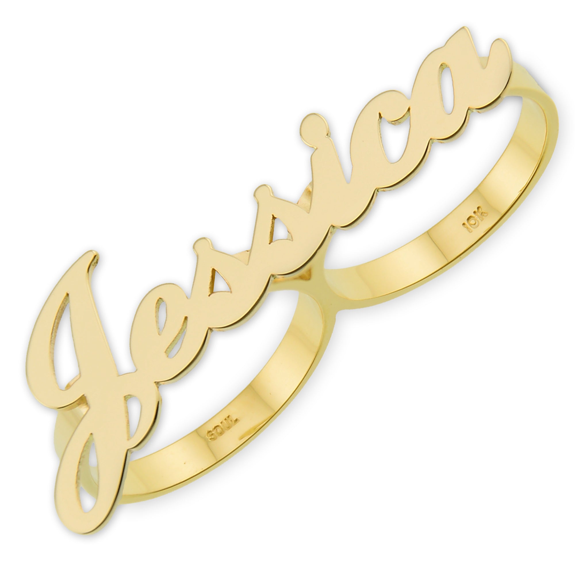 Personalized 10K or 14K solid gold Lauren Conrad two-finger script name ring front view