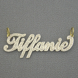 Custom 10k solid yellow gold two-tone script nameplate pendant spelling Tiffanie with diamond cut rhodium accents