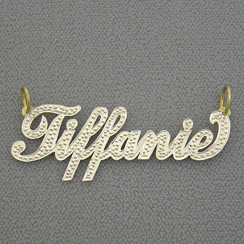 Custom 10k solid yellow gold two-tone script nameplate pendant spelling Tiffanie with diamond cut rhodium accents