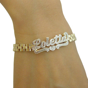 Custom 10K solid gold 3D nameplate watch band worn as a personalized bracelet or anklet