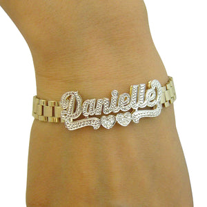 10K Solid Gold 8.0 mm Presidential Watch Band Style Link Personalized 3D Iced Out Nameplate Bracelet Anklet