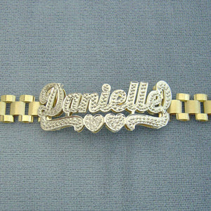 10K Solid Gold 8.0 mm Presidential Watch Band Style Link Personalized 3D Iced Out Nameplate Bracelet Anklet