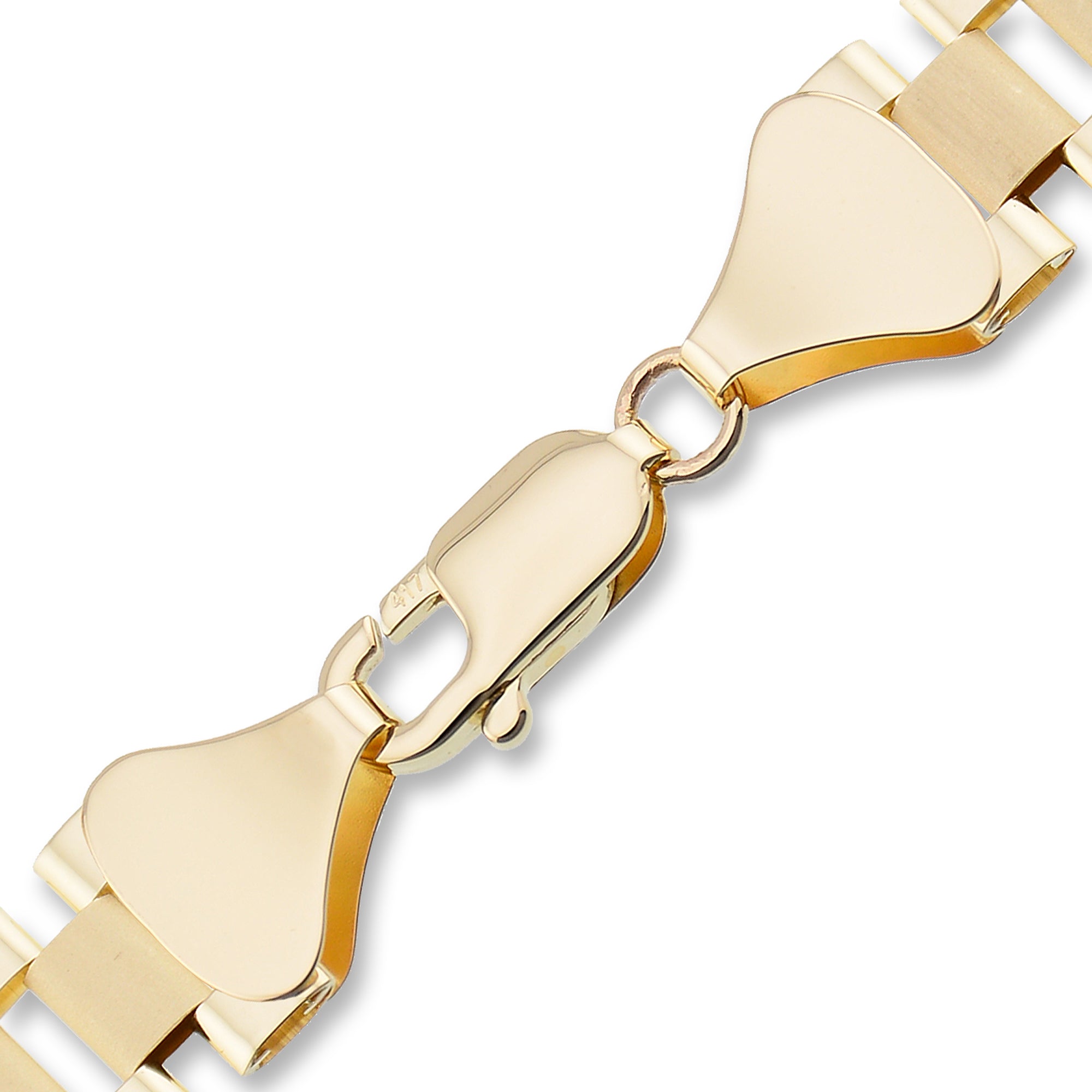 Close-up of the open durable clasp mechanism on a 10K gold watch-band style link chain.