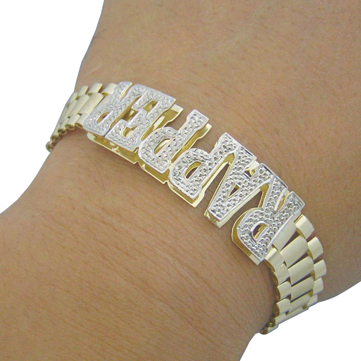 10K Solid Gold 12.0 mm Presidential Watch Band Style Link Personalized 3D Nameplate Men's Bracelet Anklet