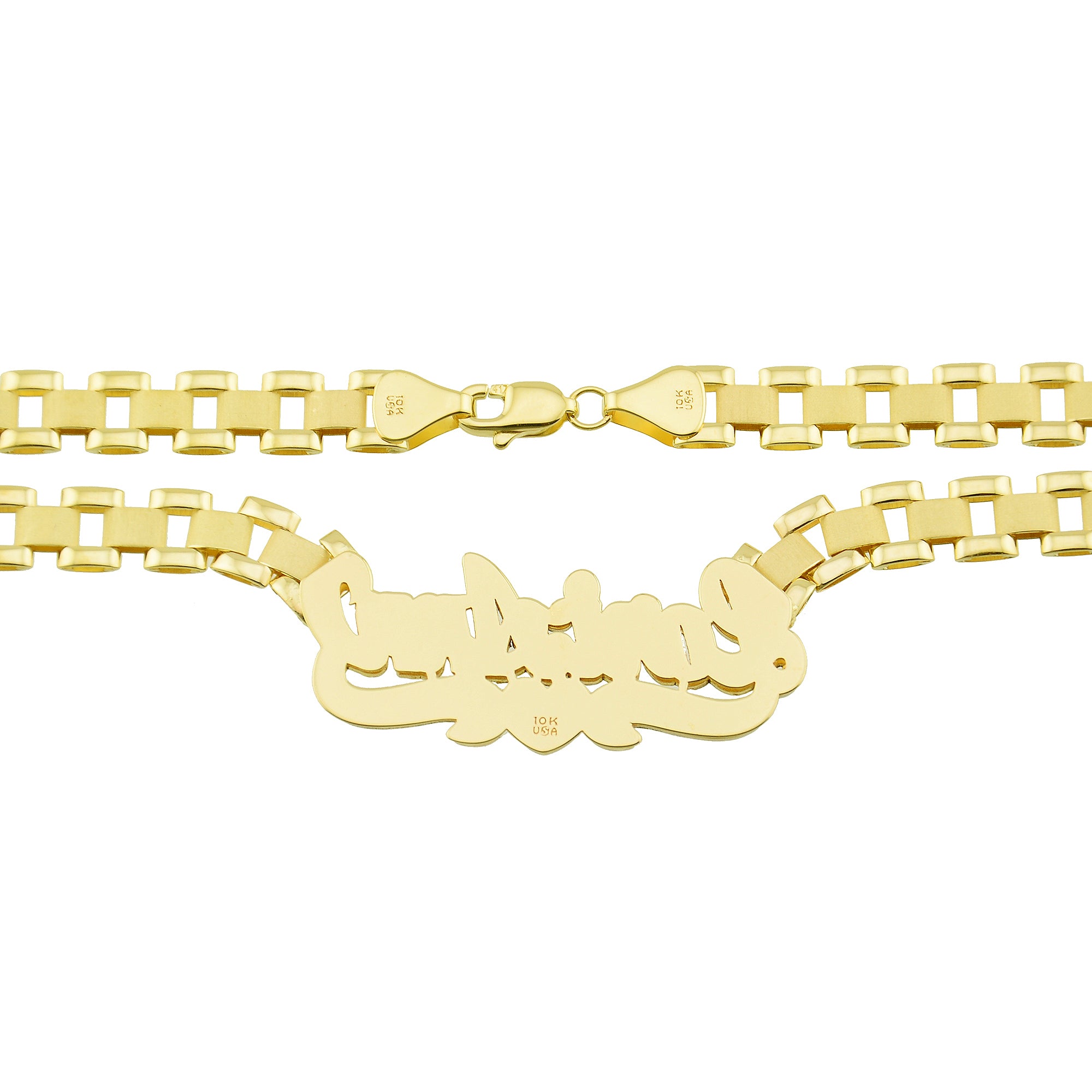 10K yellow gold iced out name necklace with 6mm watch-band link chain back side view
