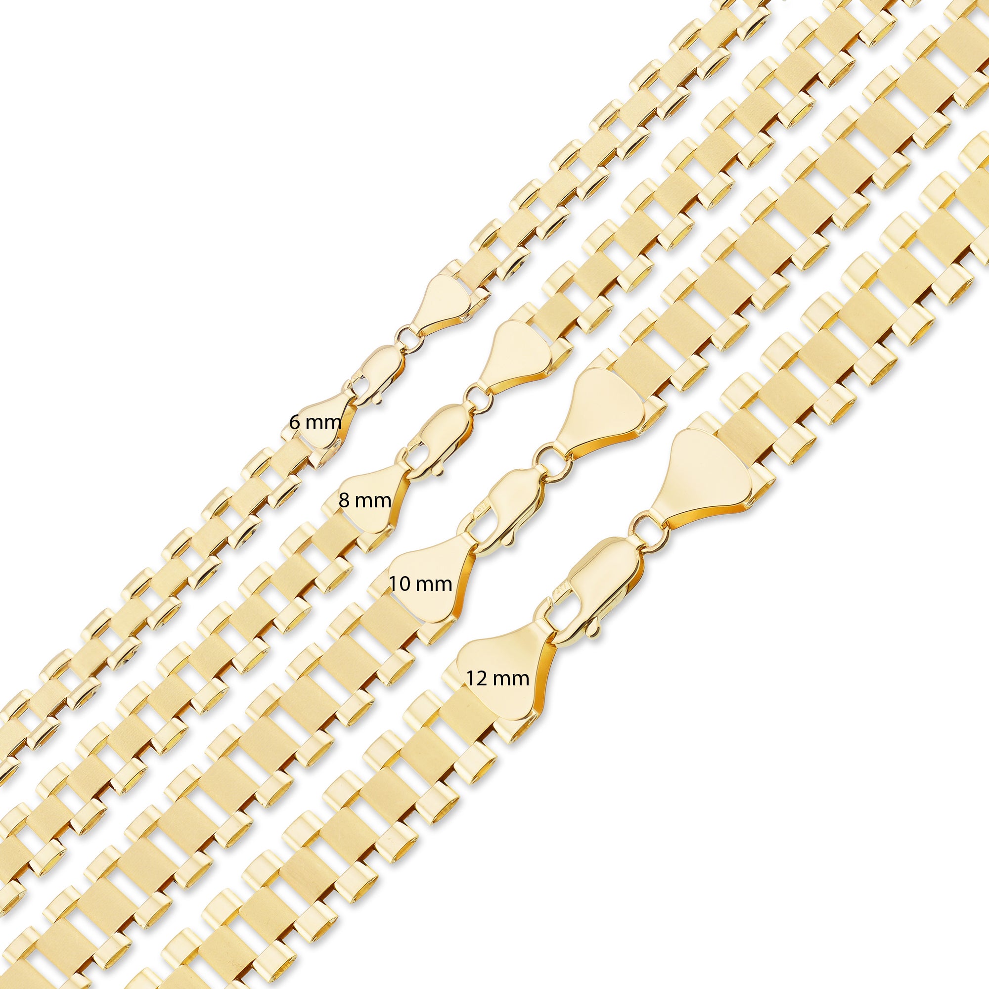 Stacked strands of 10K solid yellow gold presidential watch band links