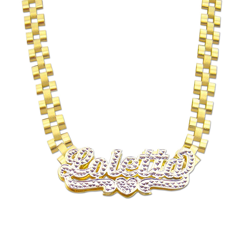 Personalized 10K yellow gold iced out nameplate necklace on 6mm watch-band chain