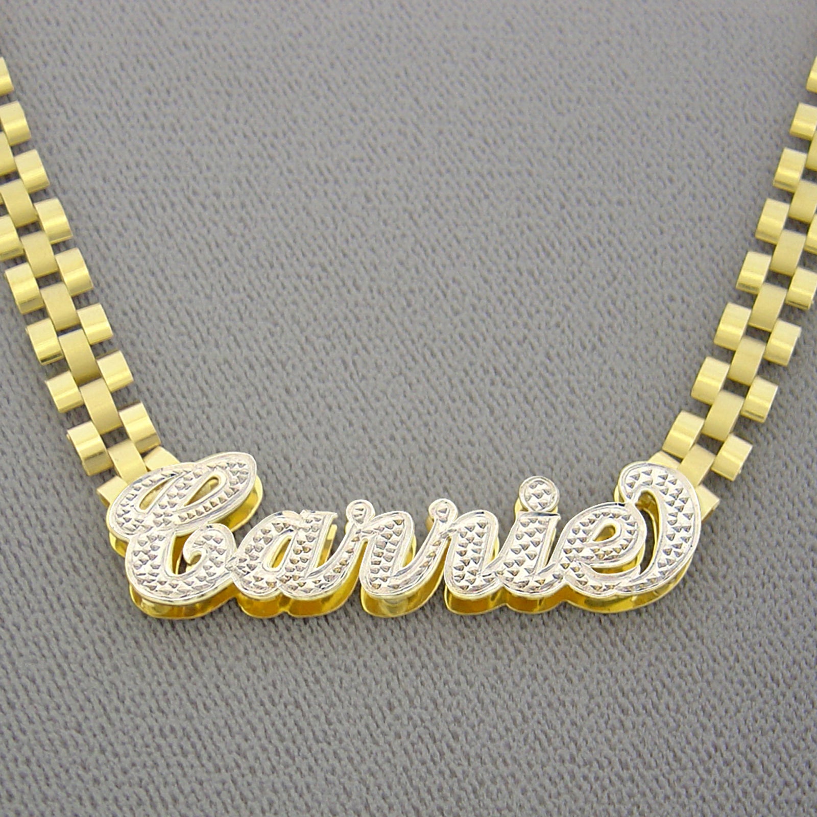 Hand-engraved 3D diamond-cut iced out Carrie nameplate pendant in 10K solid yellow gold