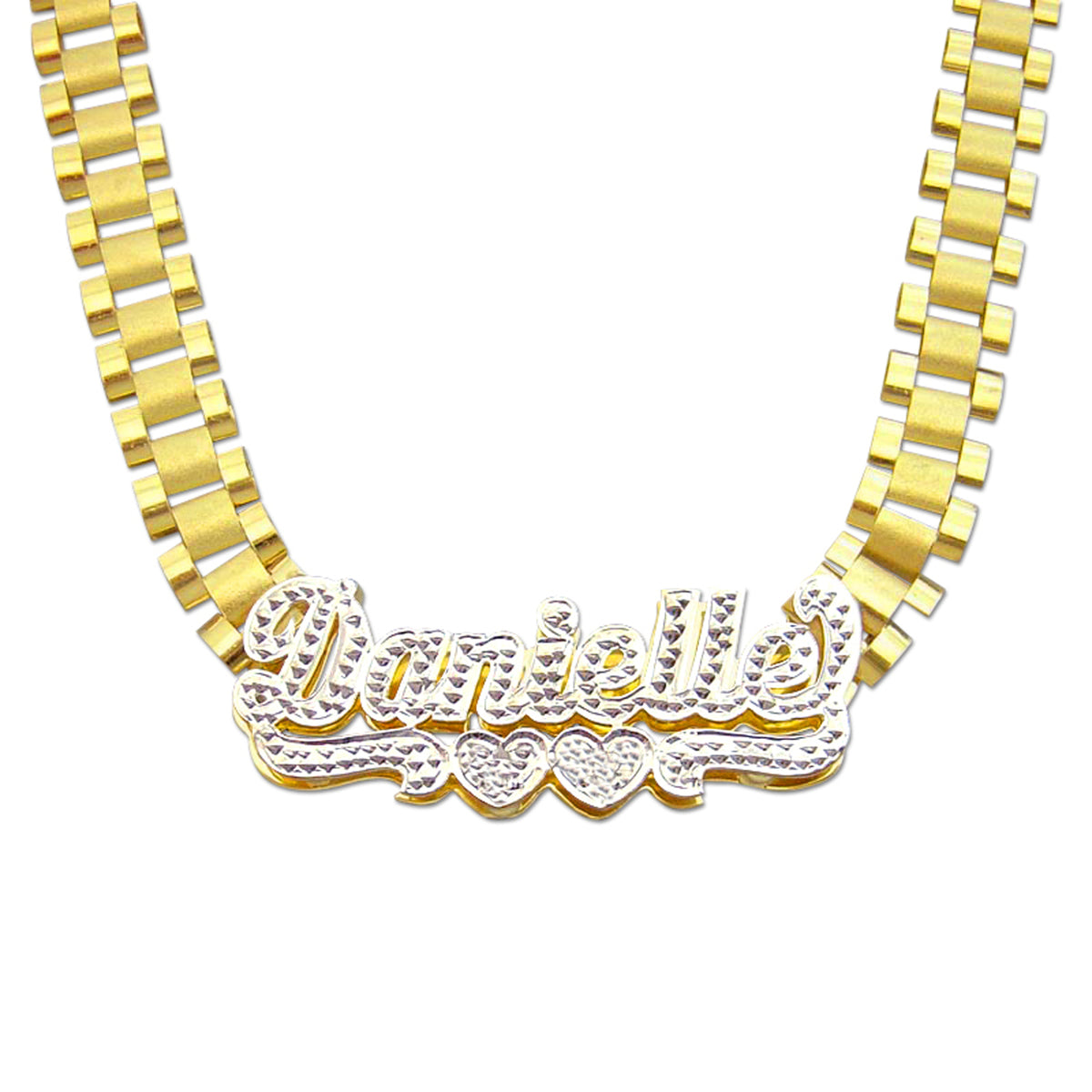 Personalized 10K yellow gold iced out nameplate necklace on an 8mm watch-band link chain displaying Danielle