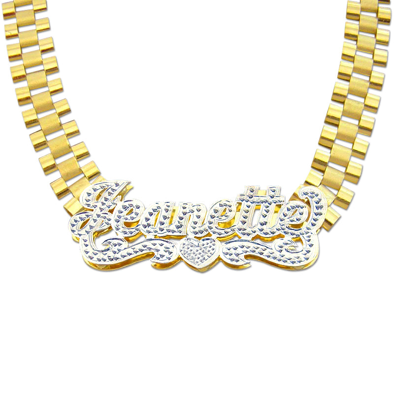 Custom 10K yellow gold 3D iced out nameplate necklace on a 10mm watch-band link chain featuring Jeanette in pave cubic zirconia