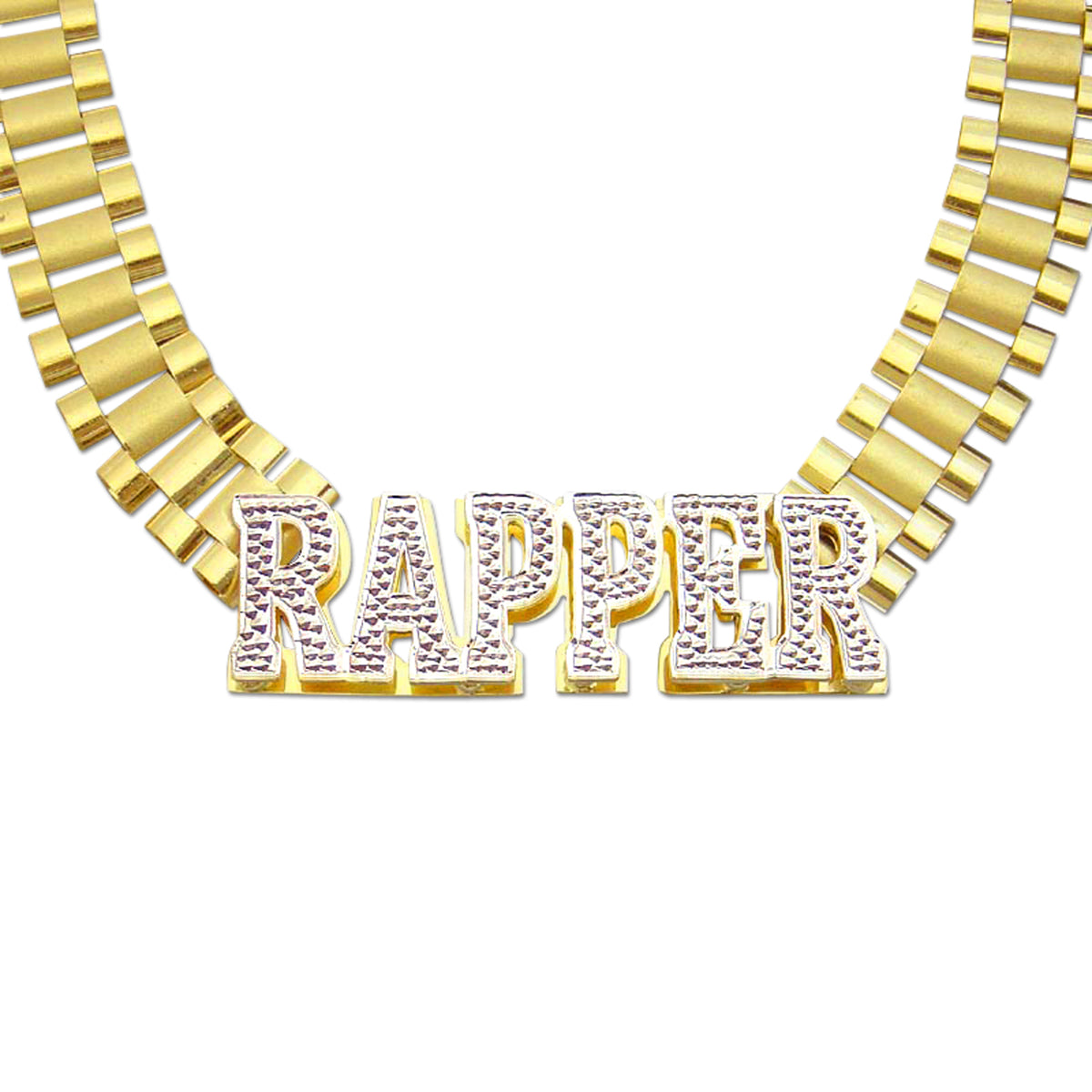 10K solid yellow gold 12mm watch-band link chain with a 3D iced-out custom nameplate spelling "RAPPER" against a white background.