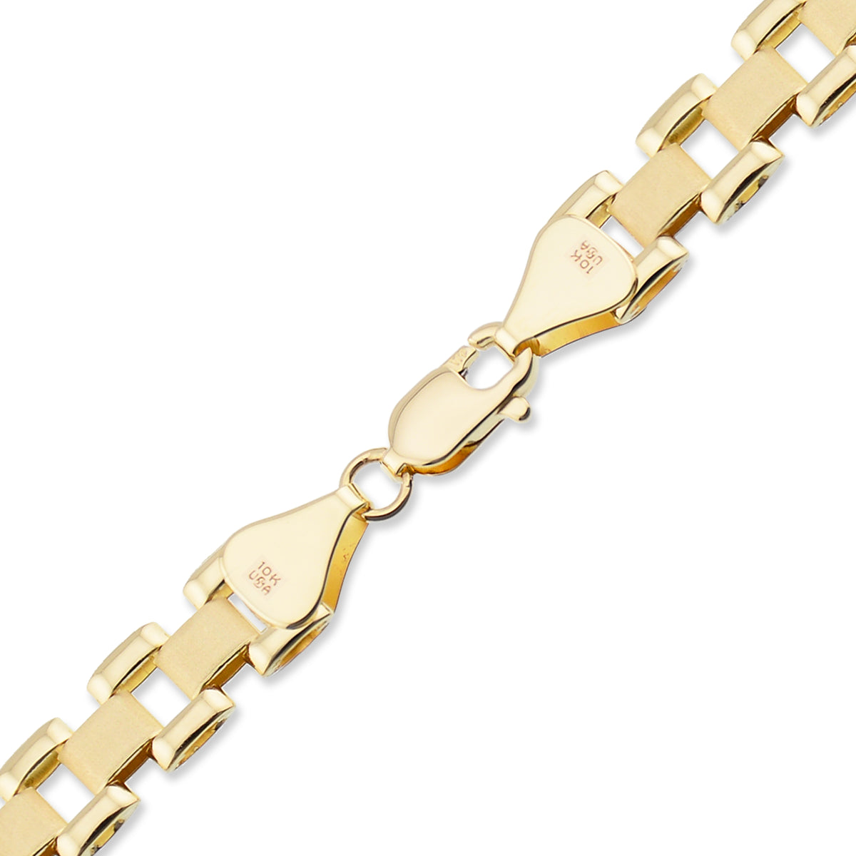 Detailed shot of high-polish Rolex-style presidential watch band chain links in 10K yellow gold