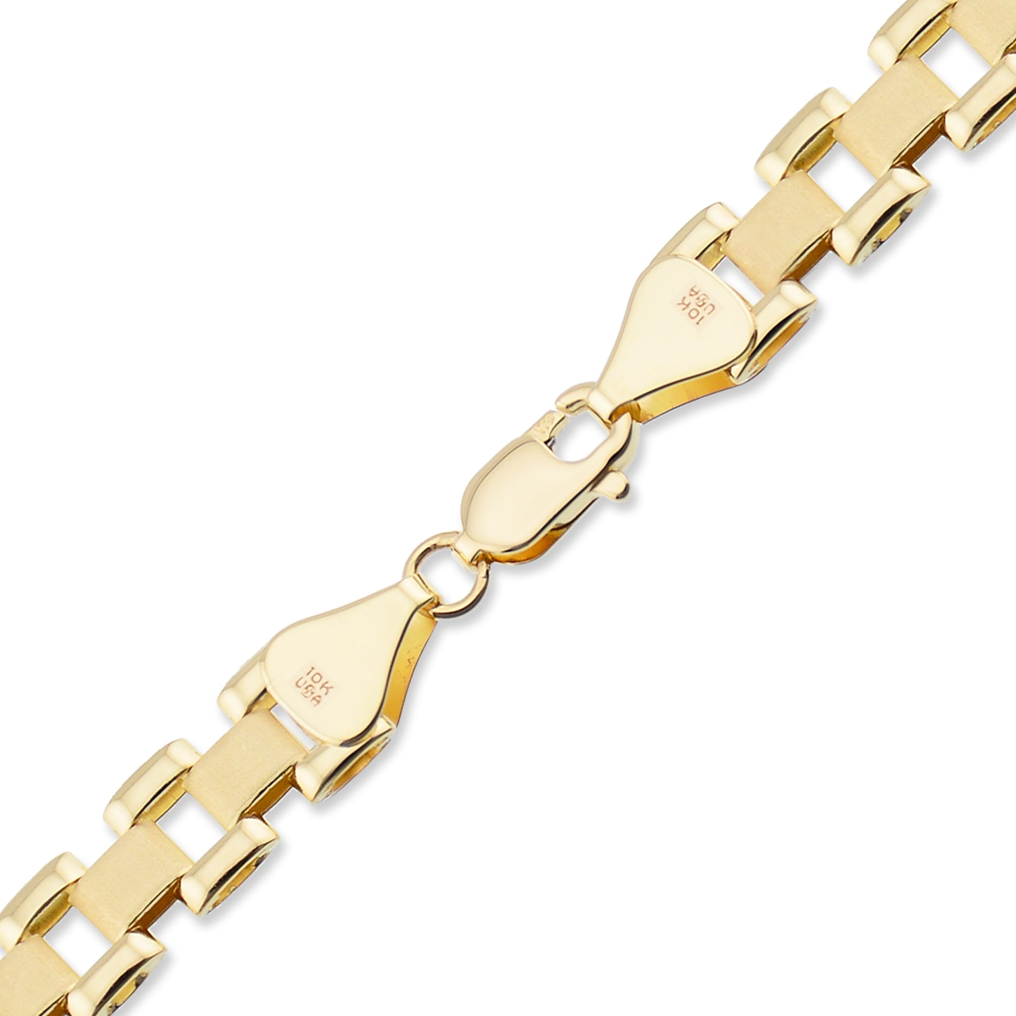 Detailed shot of high-polish Rolex-style presidential watch band chain links in 10K yellow gold