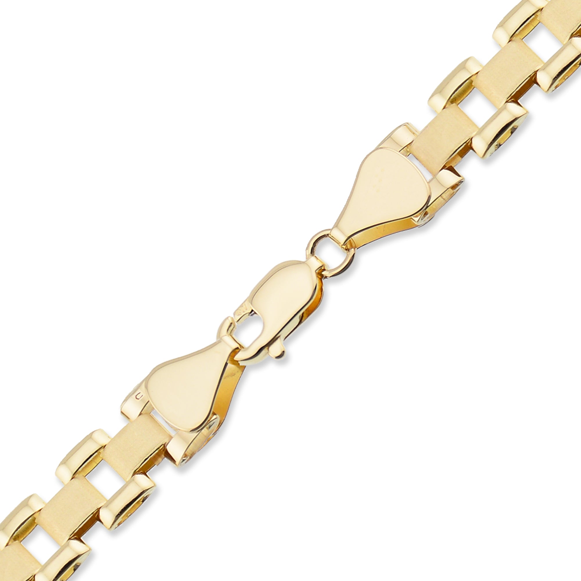 Close-up view of the secure lobster claw clasp and watch band style links on 10K gold chain