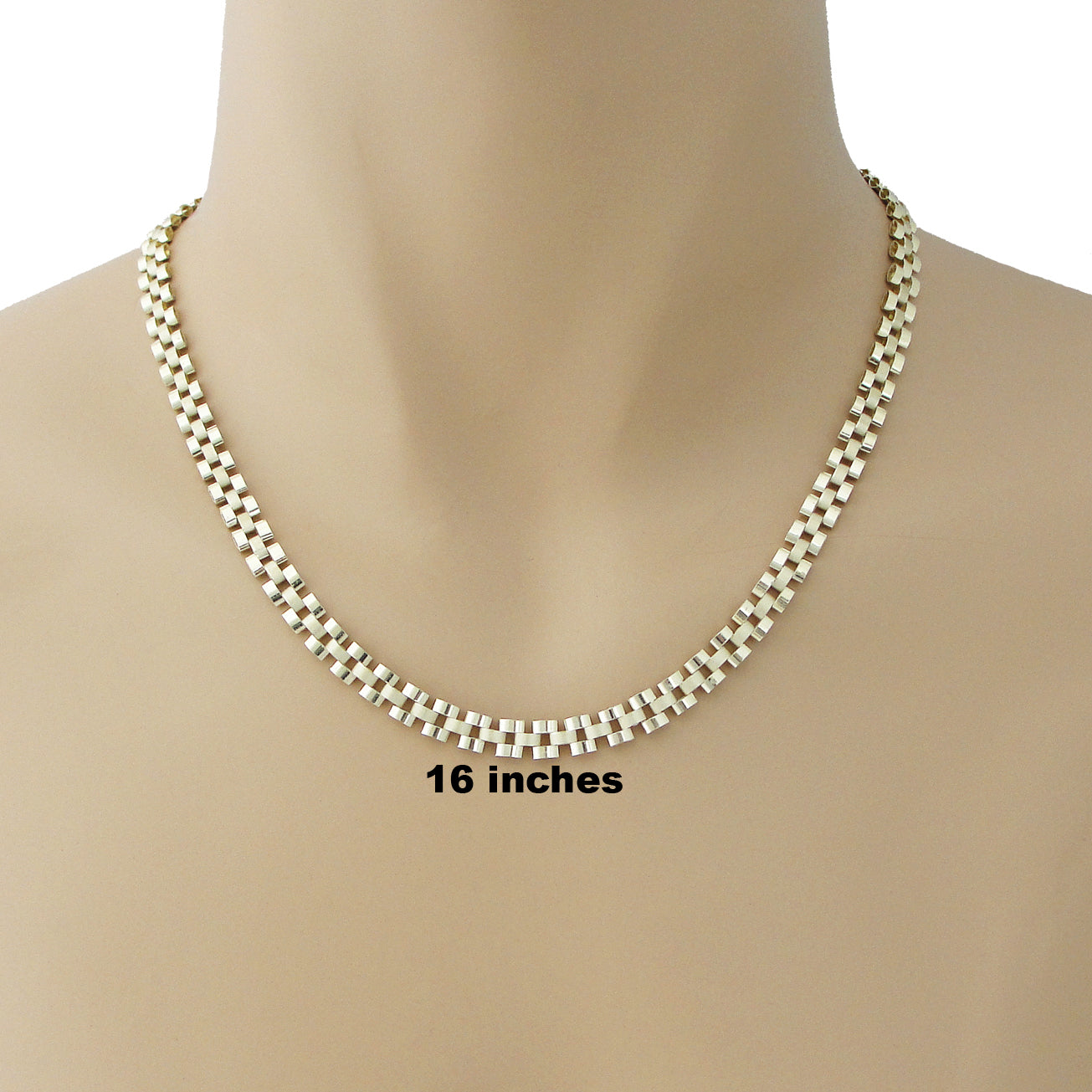 Model wearing a 10K yellow gold 6mm Presidential watch band link chain necklace