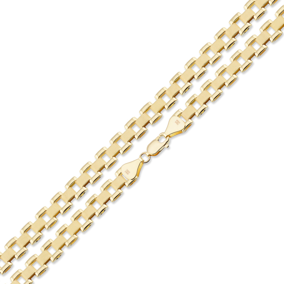 Side angle view of 6mm solid 10K yellow gold Presidential link chain necklace showing texture and polish