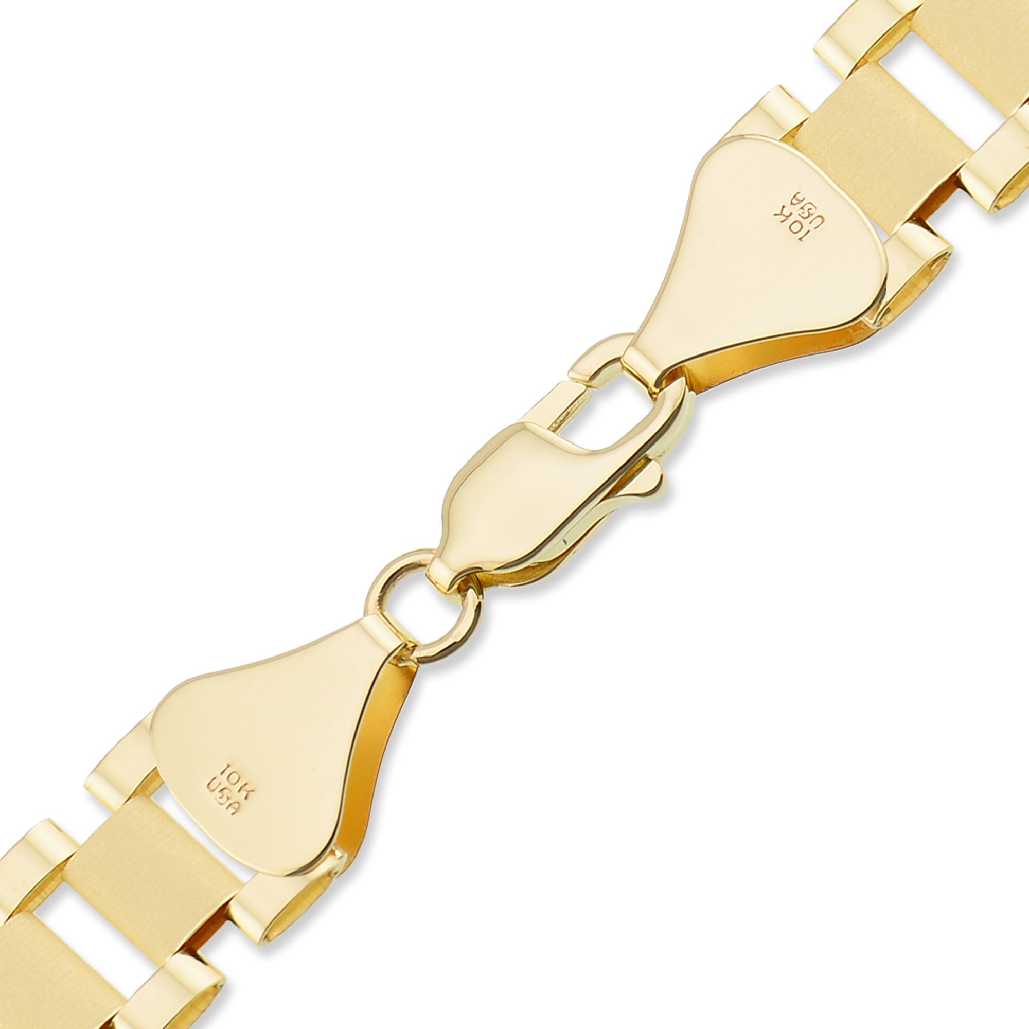 Close-up detail of Rolex-style presidential watch band links in 10K solid yellow gold