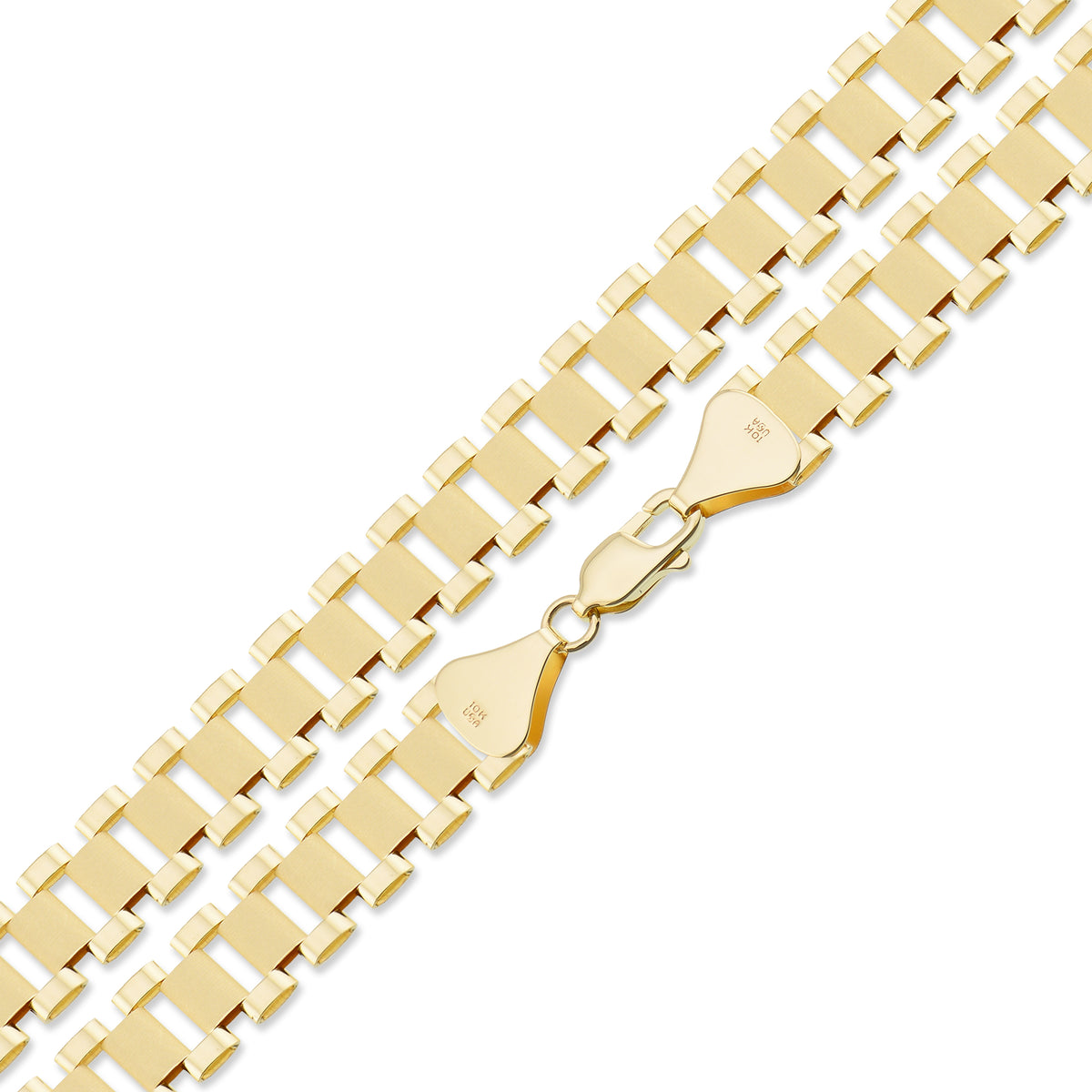 Full length view of 10K yellow gold 10mm presidential watch band link chain