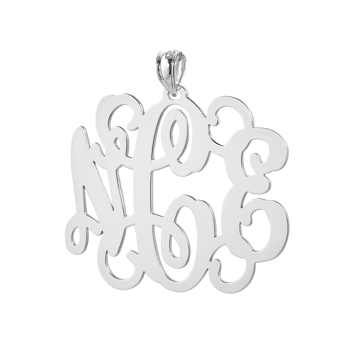 Handcrafted 1.5-inch sterling silver 3-initial monogram pendant with intricate cursive lettering