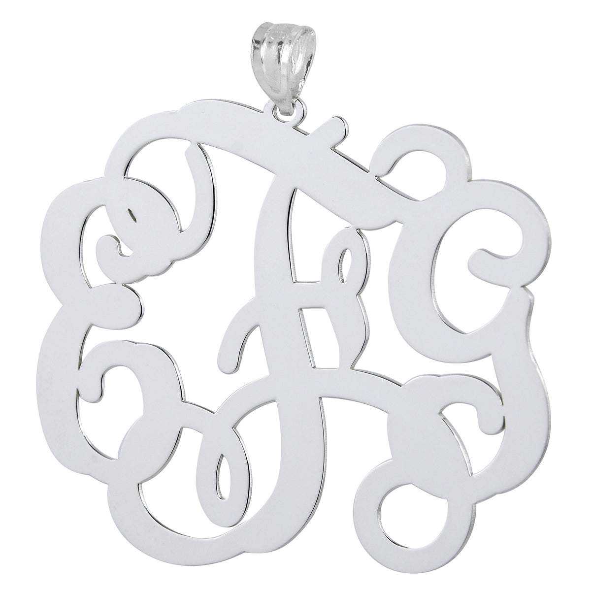 Custom 2 1/8 inch sterling silver 3-initial laser-cut monogram pendant charm