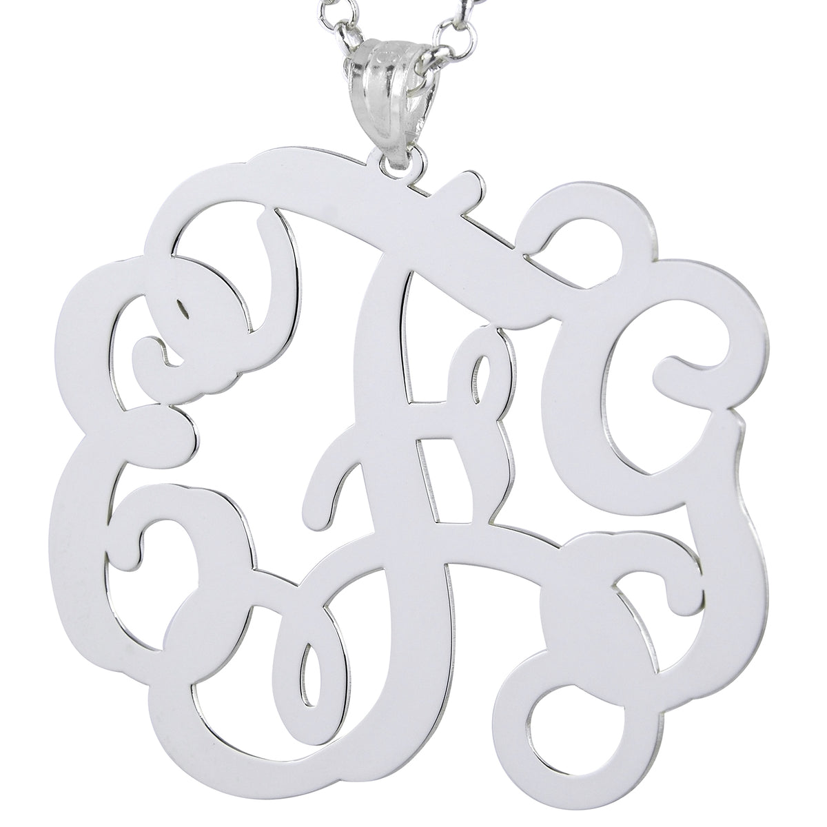 Detailed view of a custom laser-cut sterling silver 3-initial monogram pendant
