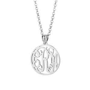 Front view of 3/4 inch sterling silver 3-initial circle monogram pendant with chain