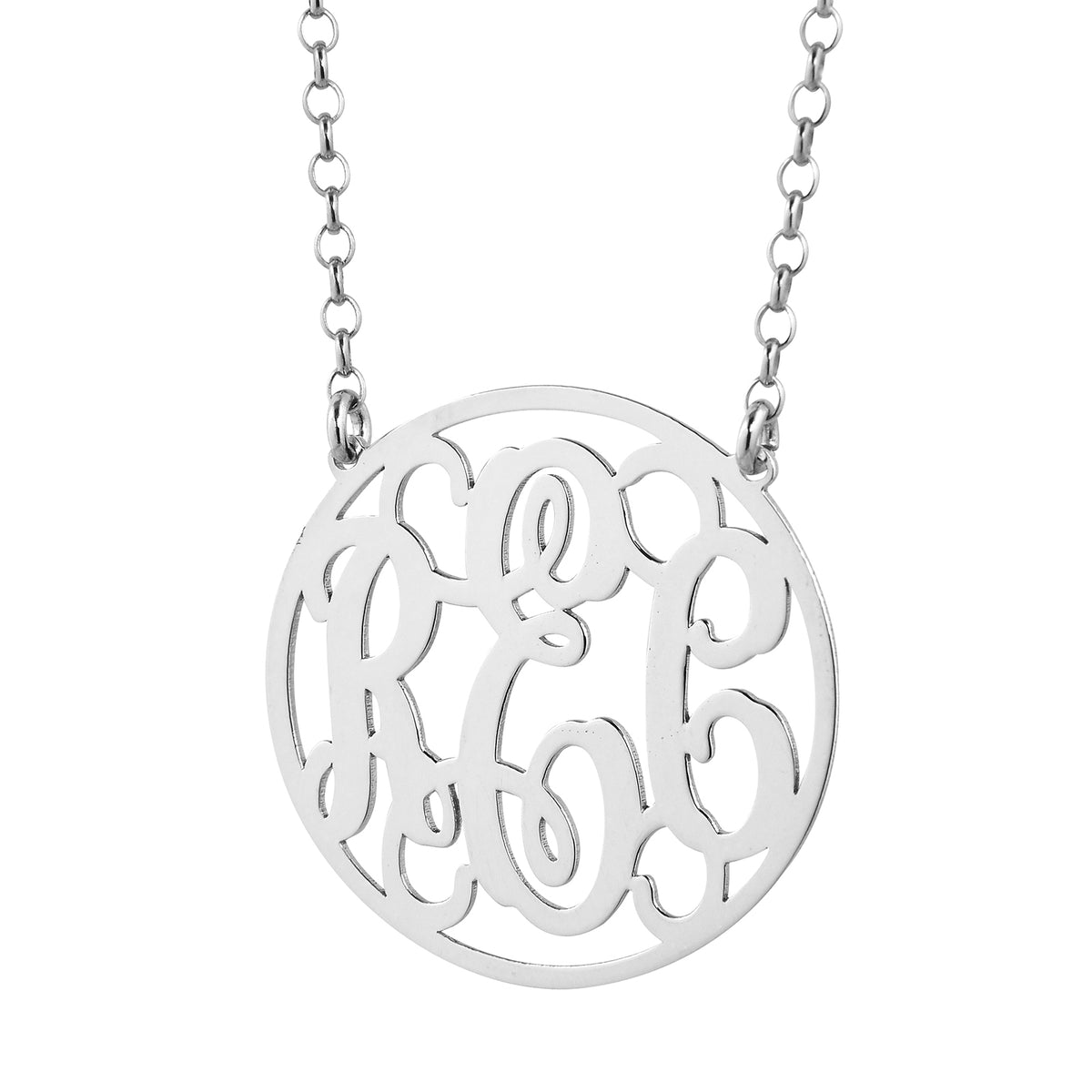 Solid sterling silver 1.25 inch round 3-initial circle monogram pendant necklace with 16-inch rolo chain