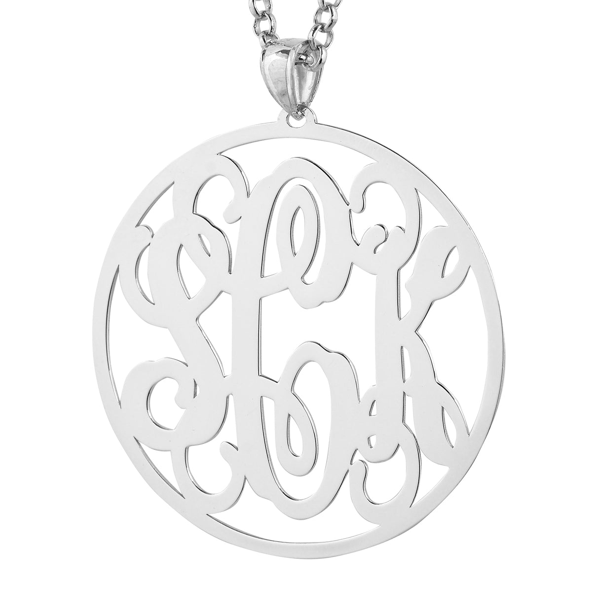 Detailed close-up of a laser-cut 925 sterling silver 3-initial circle monogram pendant showing polished finish and intricate cursive script.