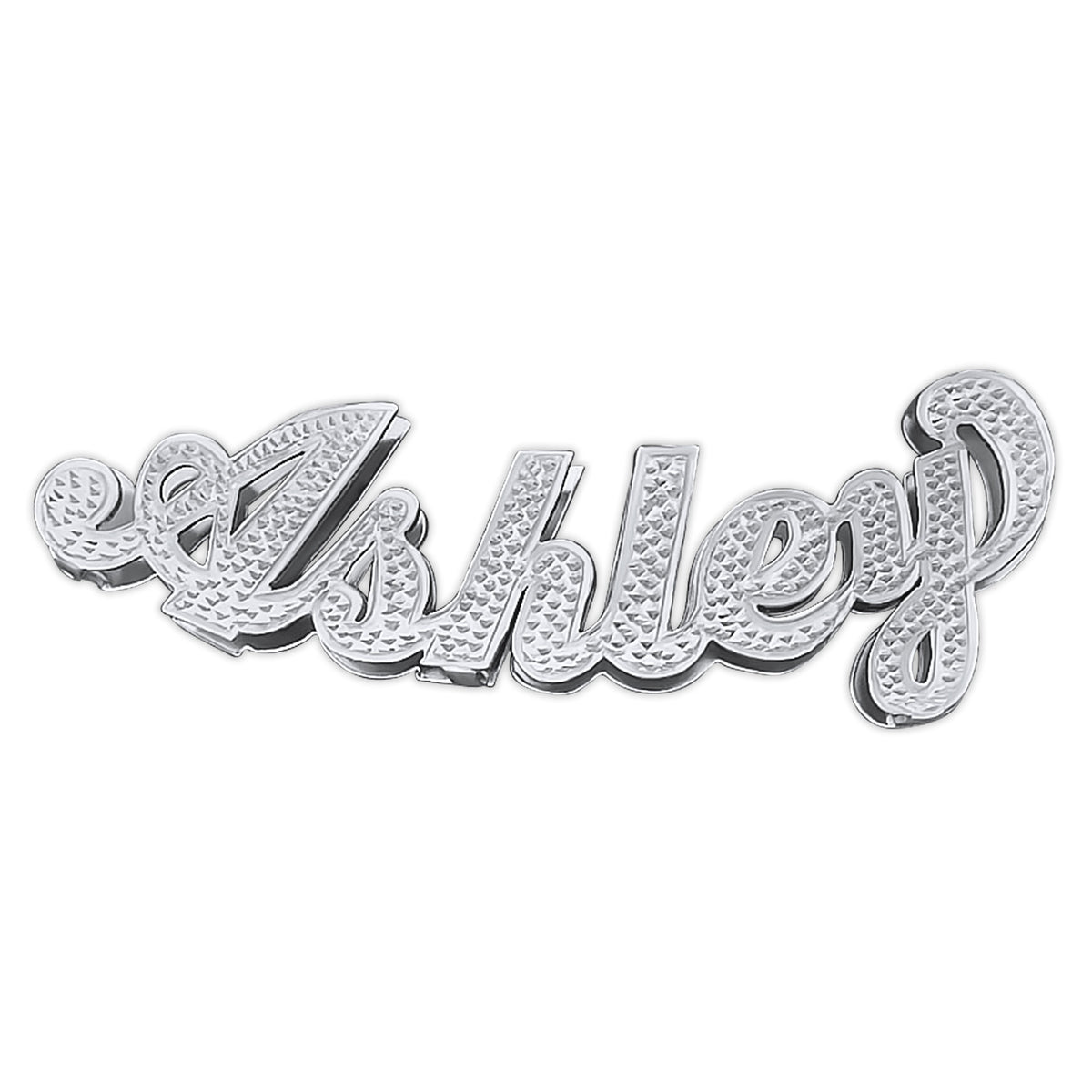 Personalized 3D sterling silver script name pendant spelling "Ashley" with diamond accent letters and a curved slider backing.