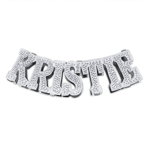 Personalized sterling silver 3D curved name pendant spelling "Kristie" with diamond-cut accents on a white background