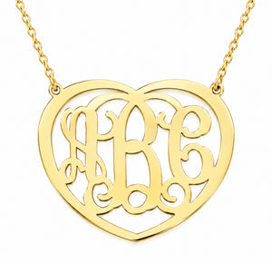 Custom 10K or 14K solid gold three-initial heart monogram necklace with matching chain