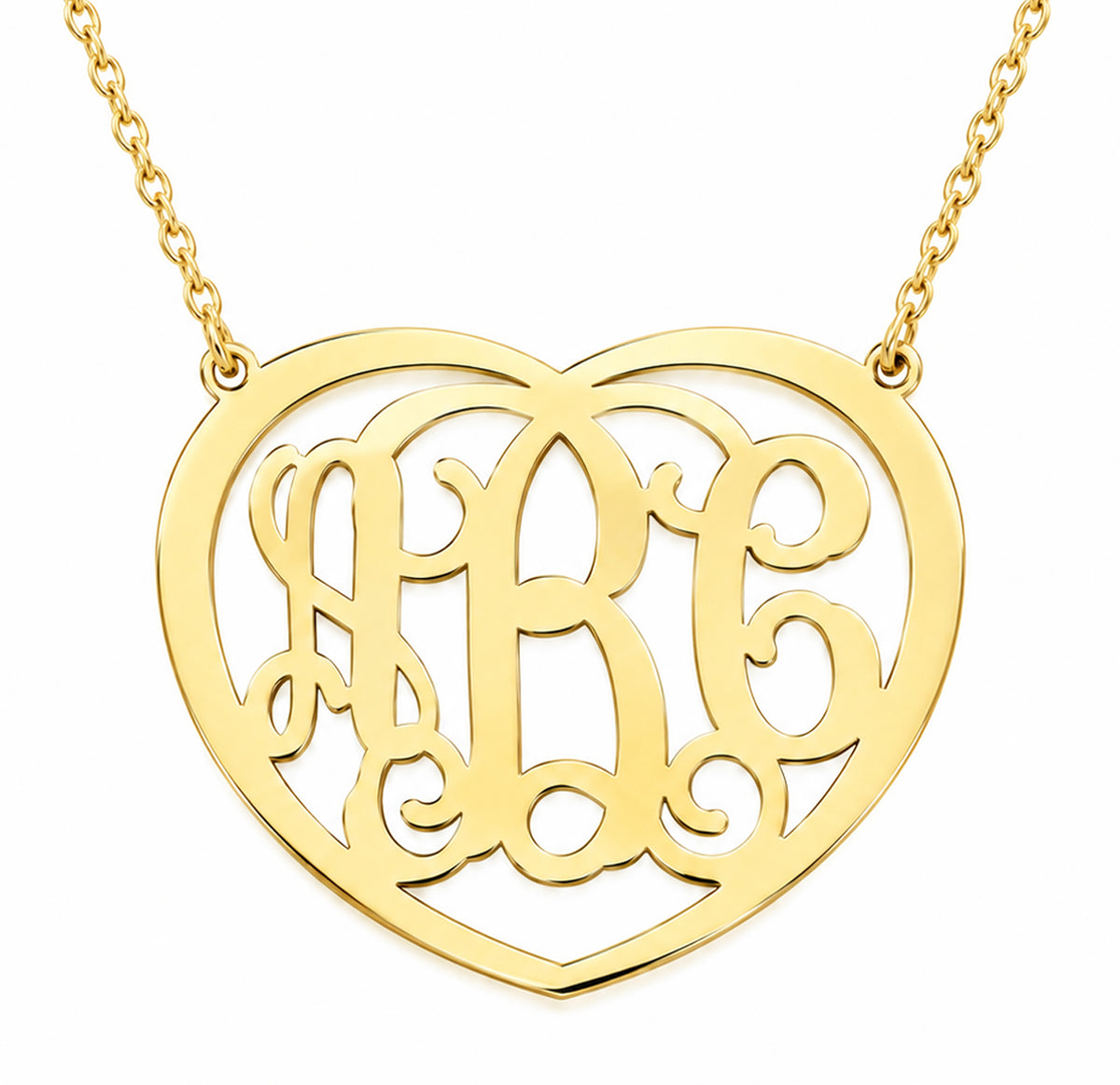 Custom 10K or 14K solid gold three-initial heart monogram necklace with matching chain