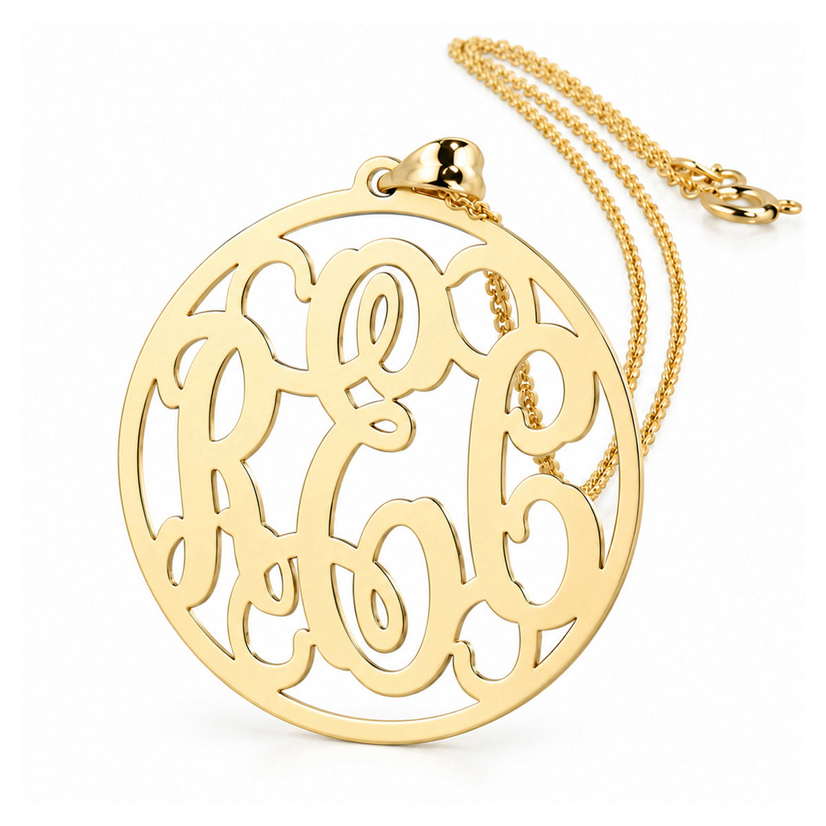 Custom 10K and 14K solid gold circle monogram pendant necklace with three initials and chain on a white background.