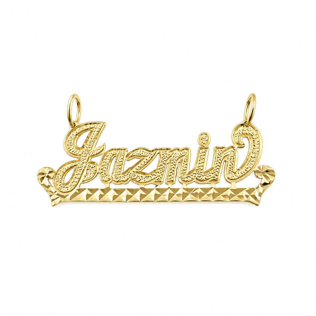 Custom 14k solid gold outlined cursive name pendant showing the name Jazmin with diamond-cut detailing.