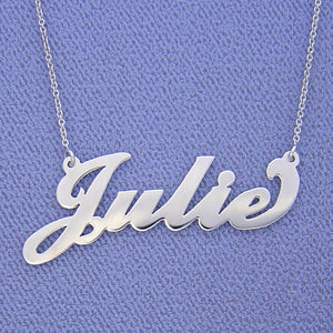 Custom 14k white gold script font name necklace spelling "Julie"