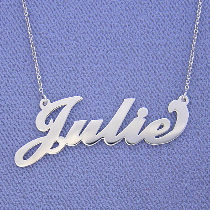 Custom 14k white gold script font name necklace spelling "Julie"