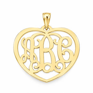 Custom 3-initial heart monogram pendant in 10K or 14K yellow gold on white background