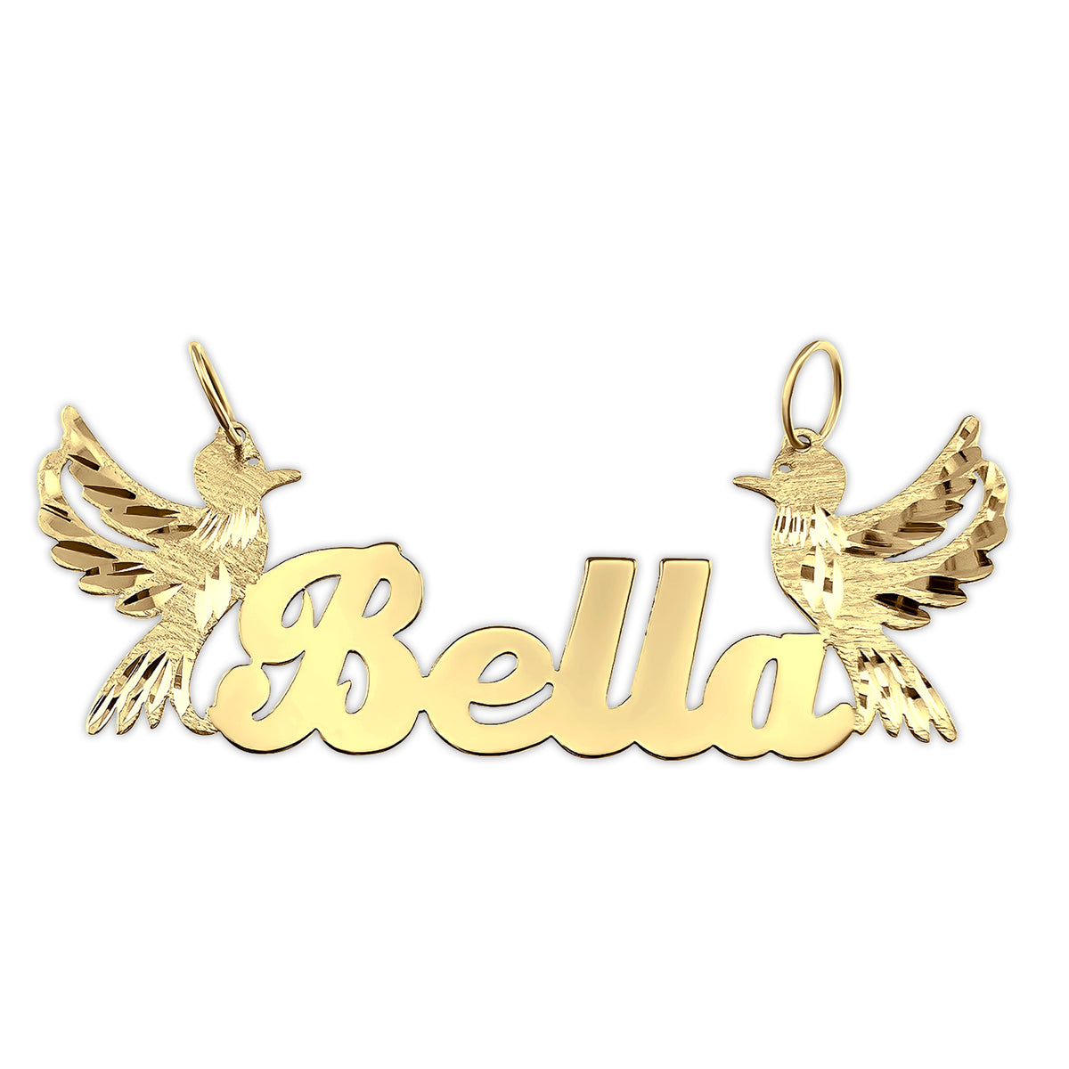 Custom solid gold nameplate pendant with two diamond-cut birds spelling Bella.