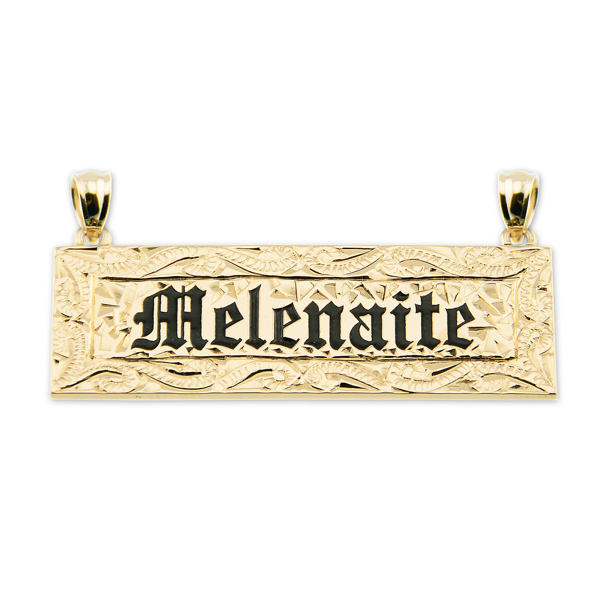 Rectangular solid 14k yellow gold Hawaiian name pendant with 'Melenaitie' hand-engraved in Old English font with black enamel fill.