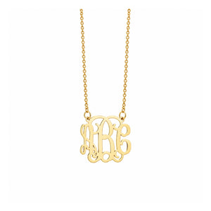 Front view of a custom mini 3-initial monogram pendant in solid gold