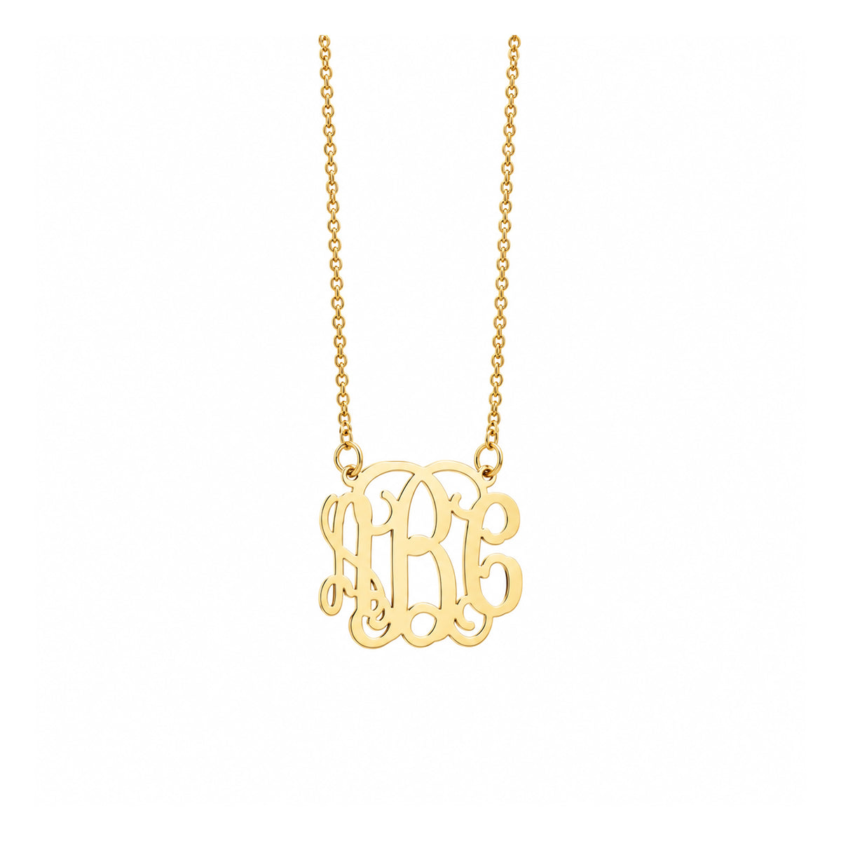 Front view of a custom mini 3-initial monogram pendant in solid gold