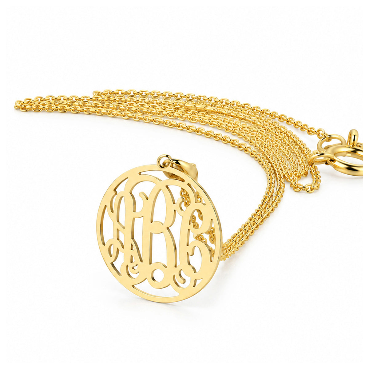 Custom 1/2-inch solid gold 3-initial circle monogram pendant necklace