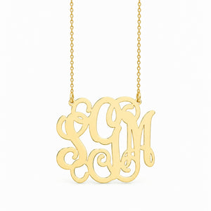 Front view of a custom 10k or 14k solid gold 3 initial monogram necklace