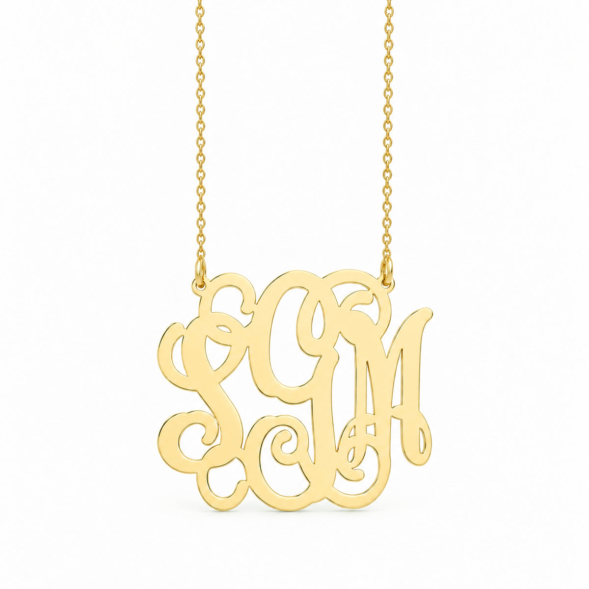 Front view of a custom 10k or 14k solid gold 3 initial monogram necklace