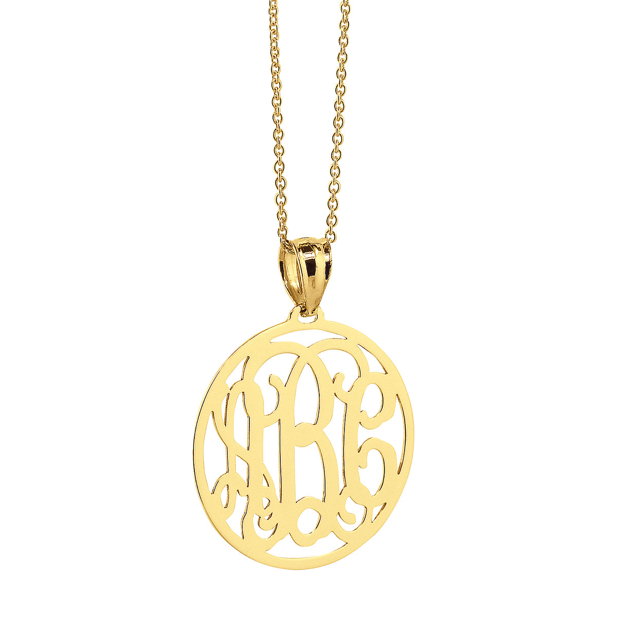 Custom three-initial solid gold circle monogram pendant on a delicate gold chain