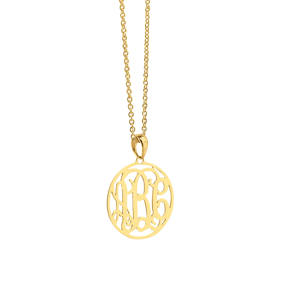 Extra-small solid gold 3-initial circle monogram pendant necklace on a white background.