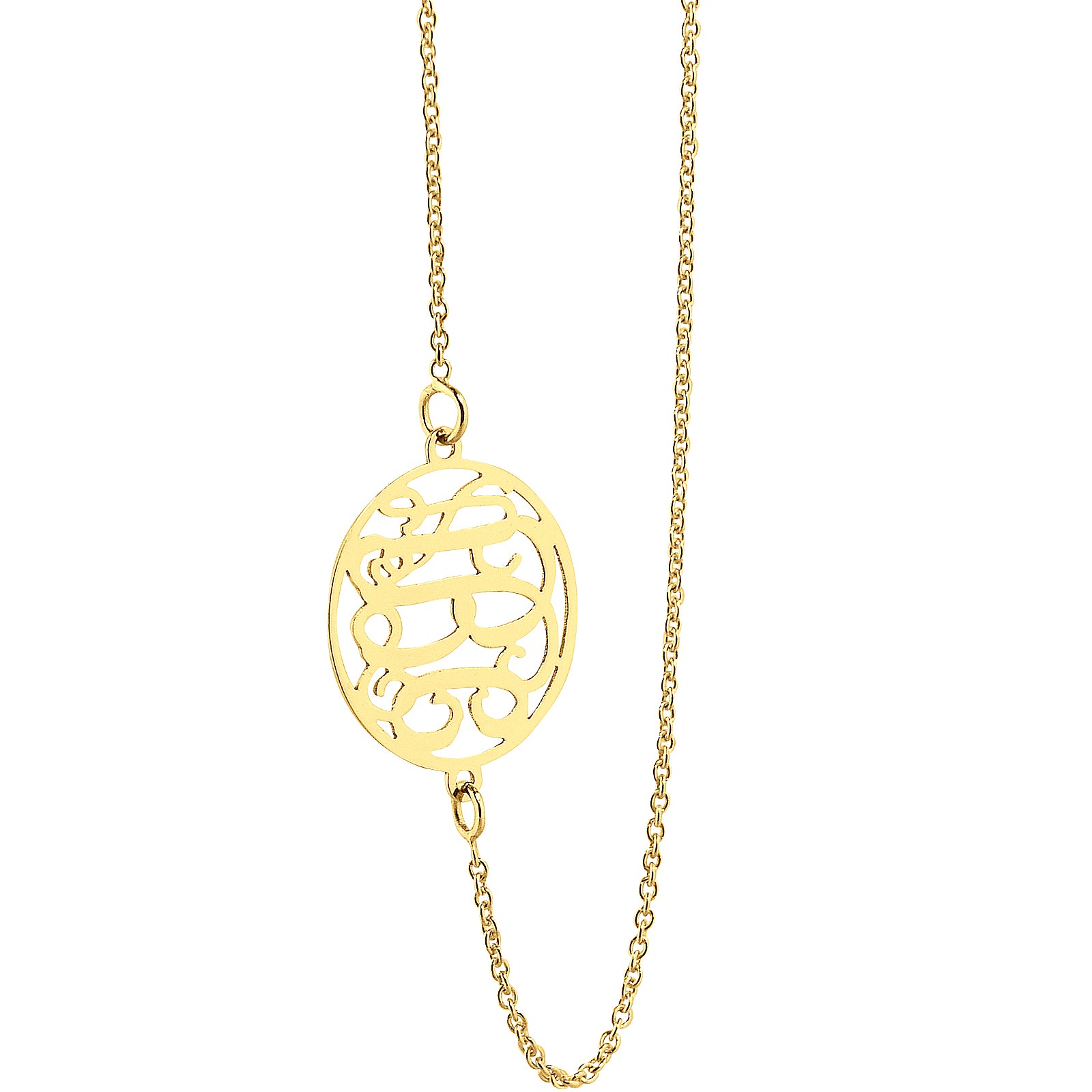 Full-length solid gold three-initial circle monogram pendant necklace on a white background