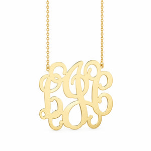 Front view of solid gold custom initial monogram necklace