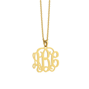 Front view of a 10k or 14k solid yellow gold mini three-initial monogram pendant necklace on a matching chain.