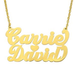 Graphic sample showing the custom cursive font layout and center heart connection for the double name necklace.